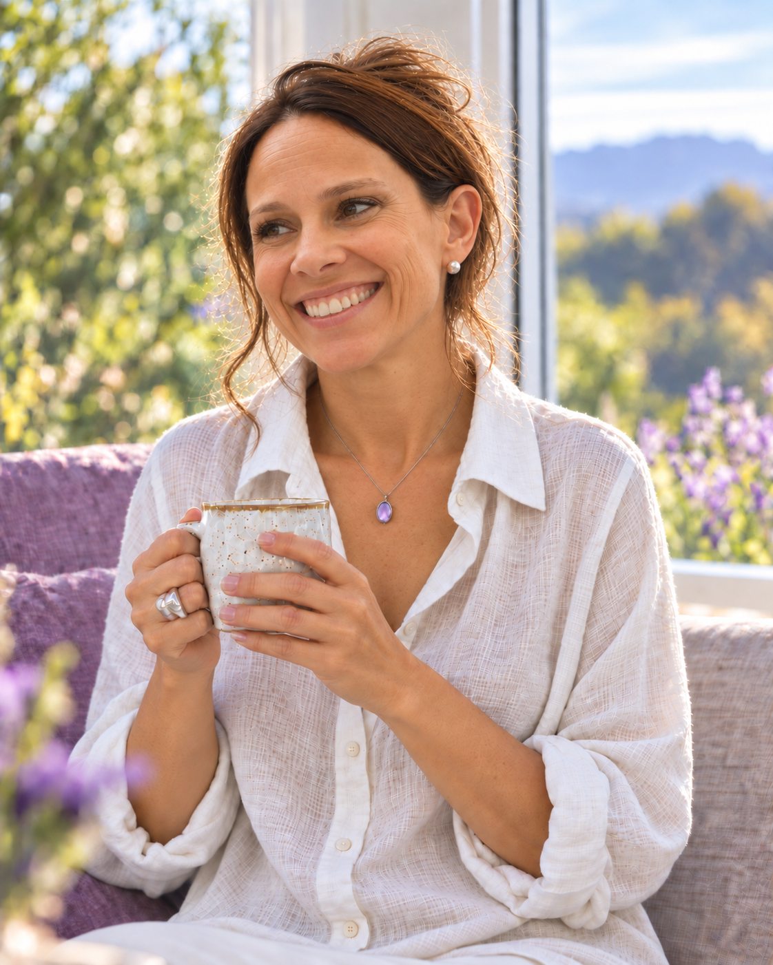 Jess Moro sonriendo con una taza en un entorno luminoso y natural.
