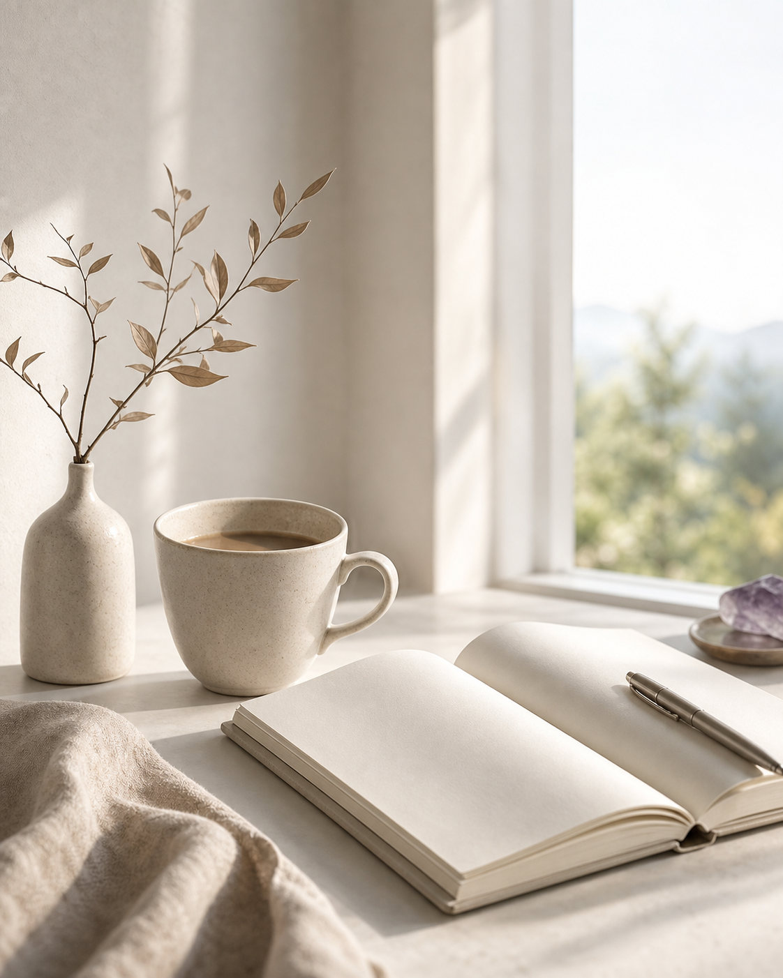 Cuaderno abierto, taza y luz suave junto a una ventana