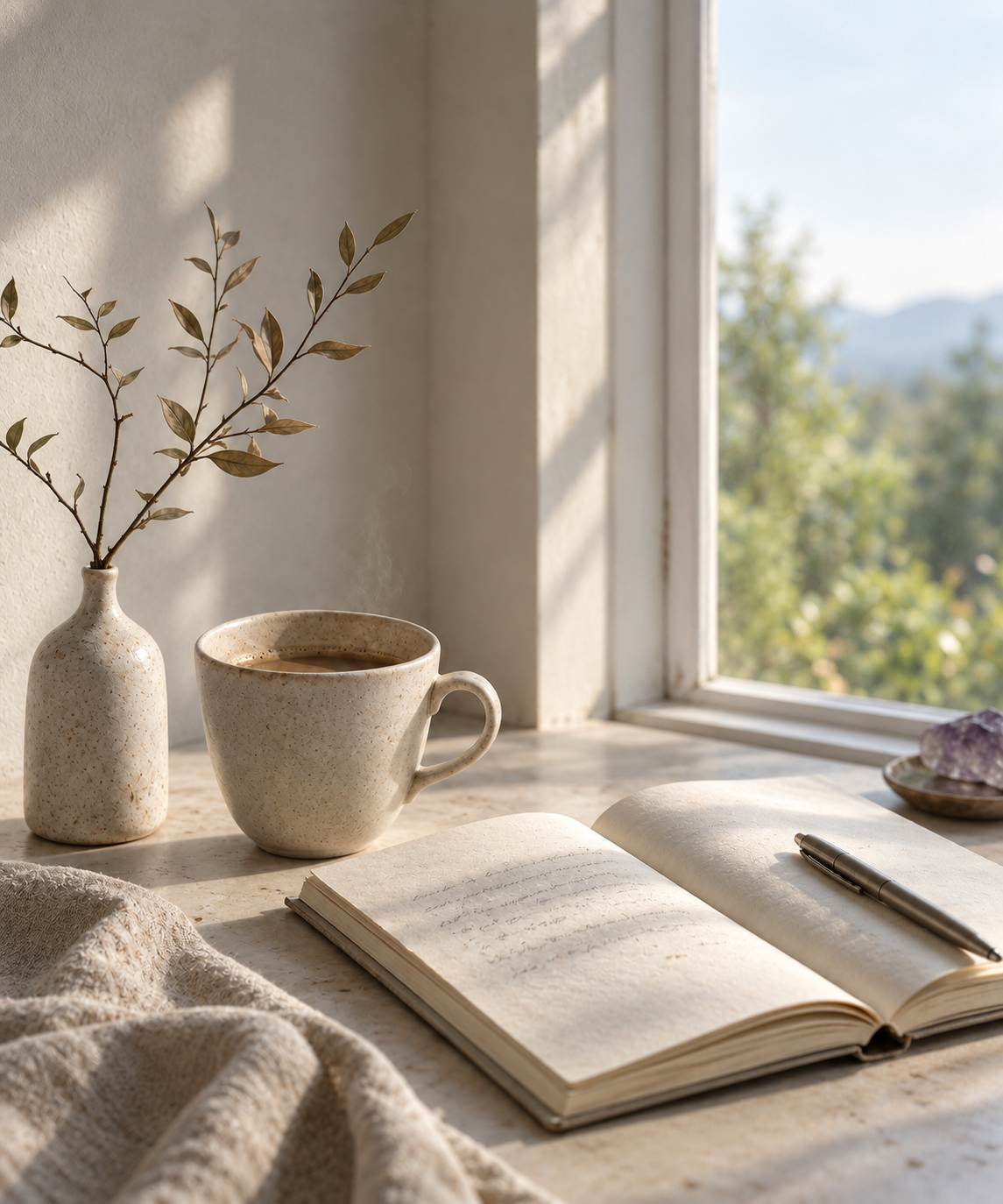Cuaderno abierto, taza y luz suave junto a una ventana