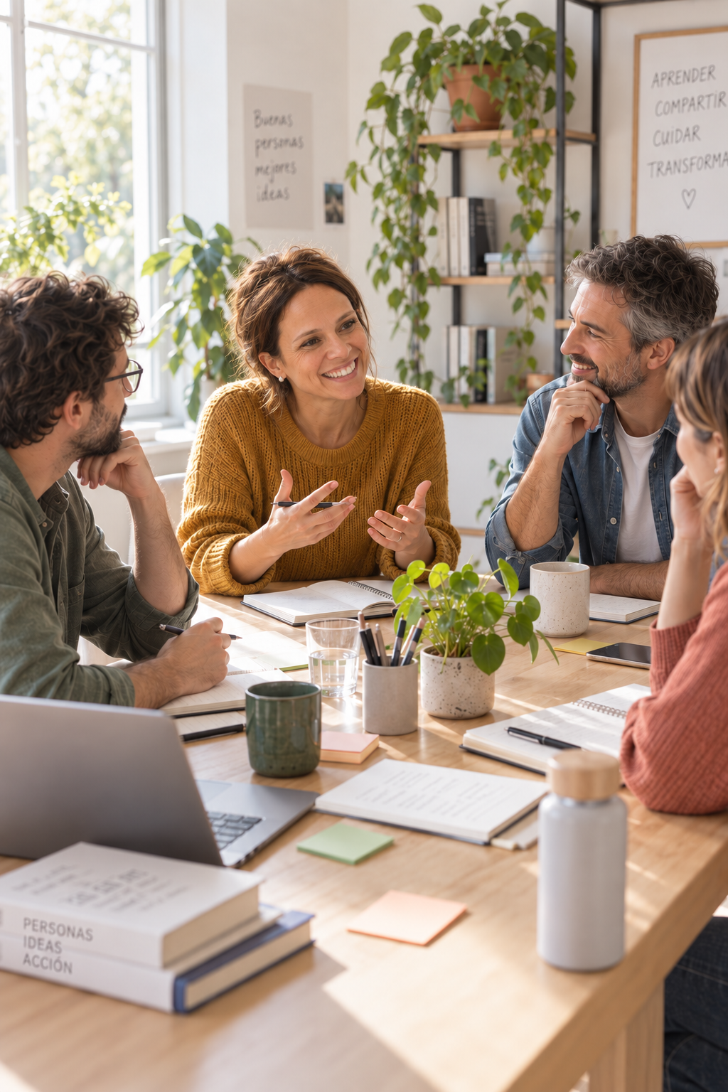 Grupo diverso conversando alrededor de una mesa compartida con cuadernos, escucha y presencia