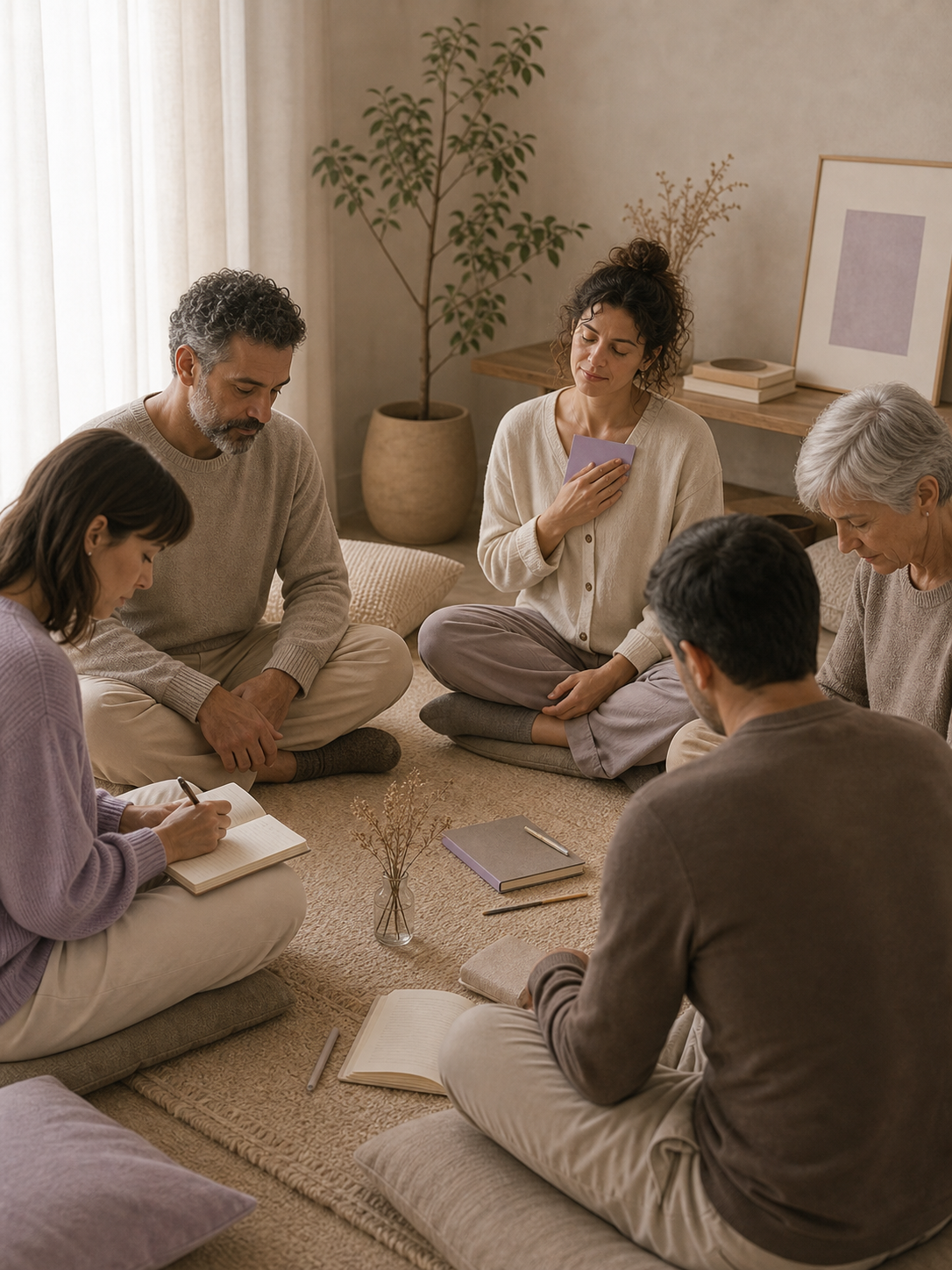Grupo diverso en una pausa reflexiva con cuadernos, escucha y presencia
