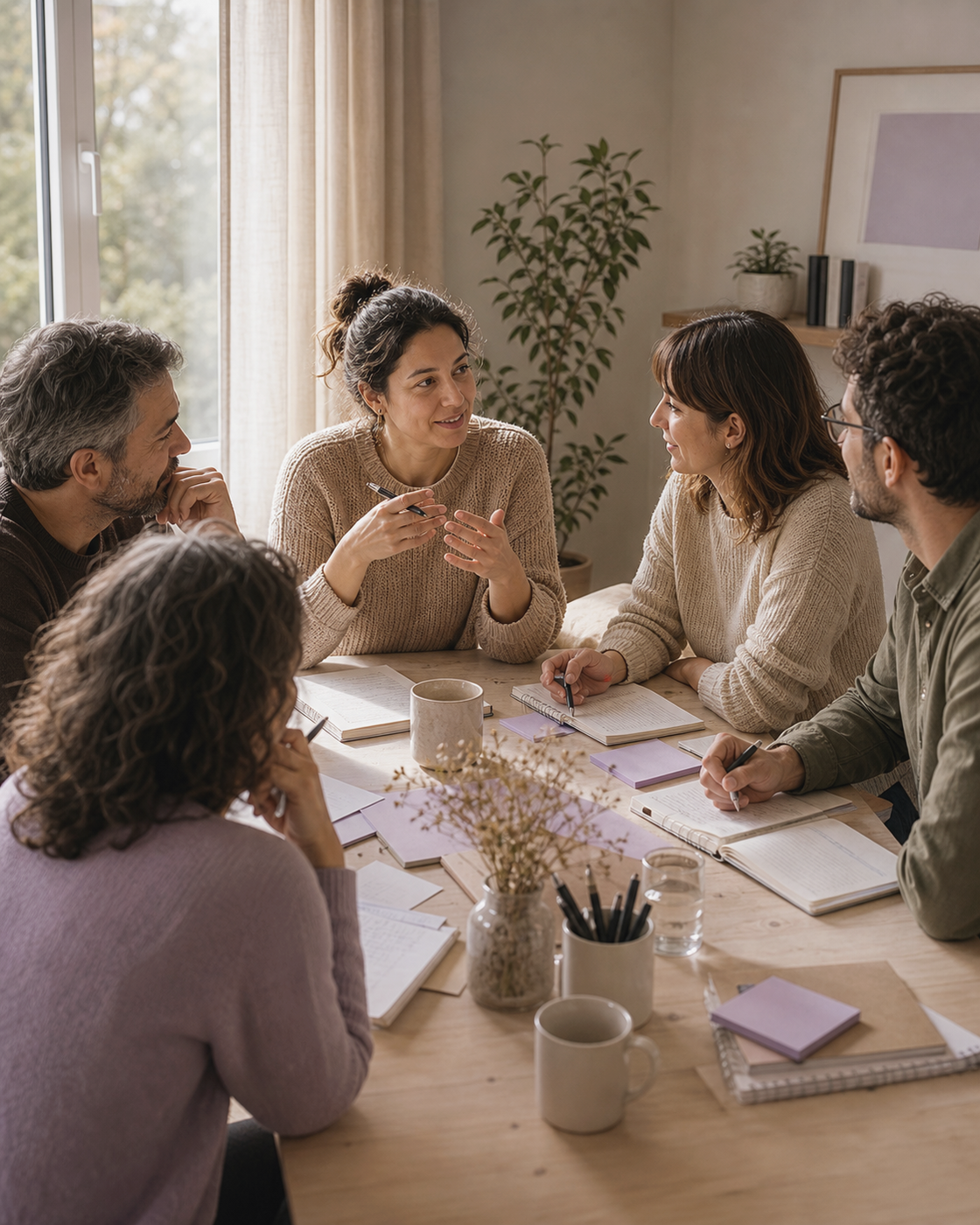 Grupo diverso conversando alrededor de una mesa compartida con cuadernos, escucha y presencia