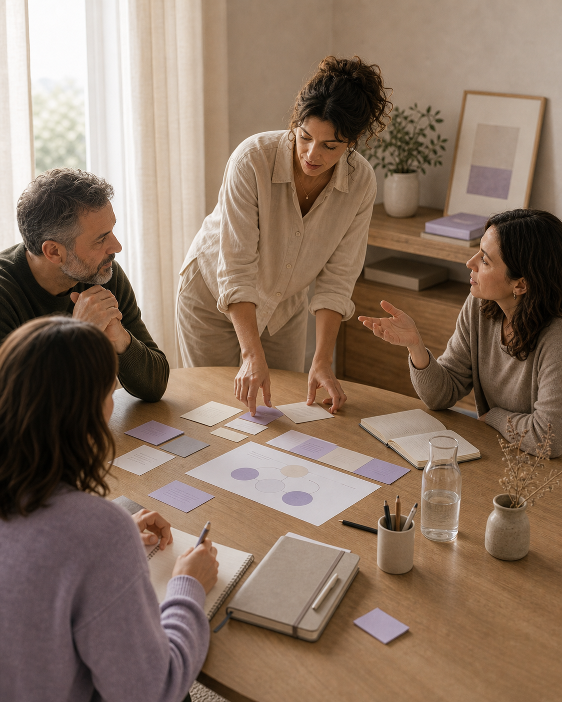 Grupo adulto facilitando una conversación con materiales de trabajo y escucha atenta