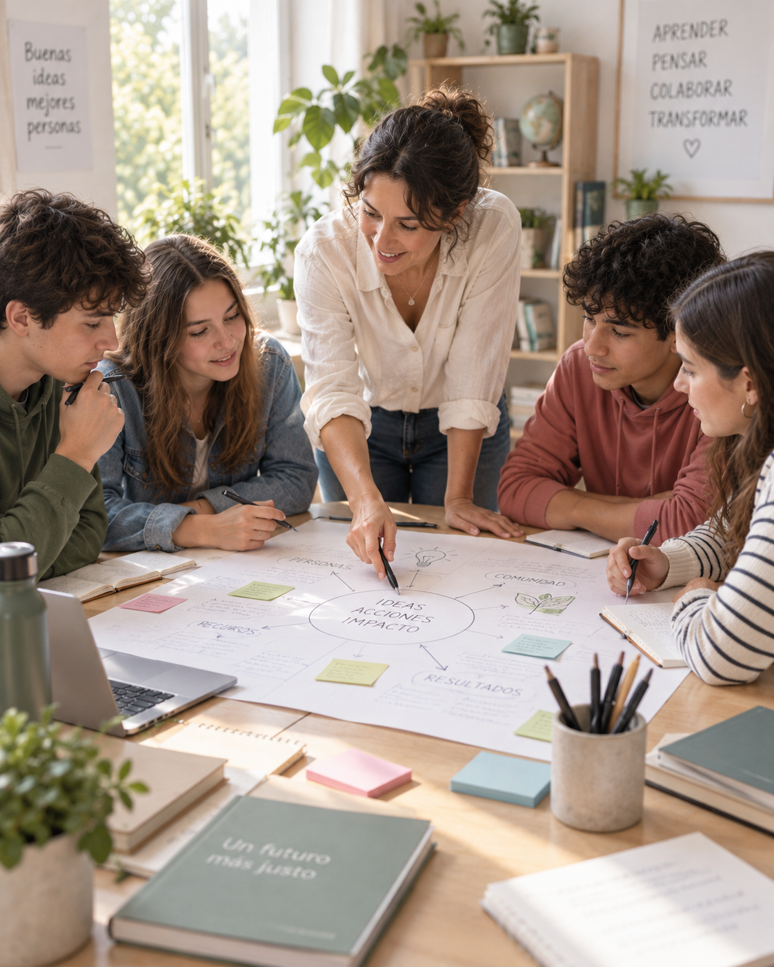 Docente y estudiantes construyendo ideas con cuadernos, papeles y materiales de aprendizaje