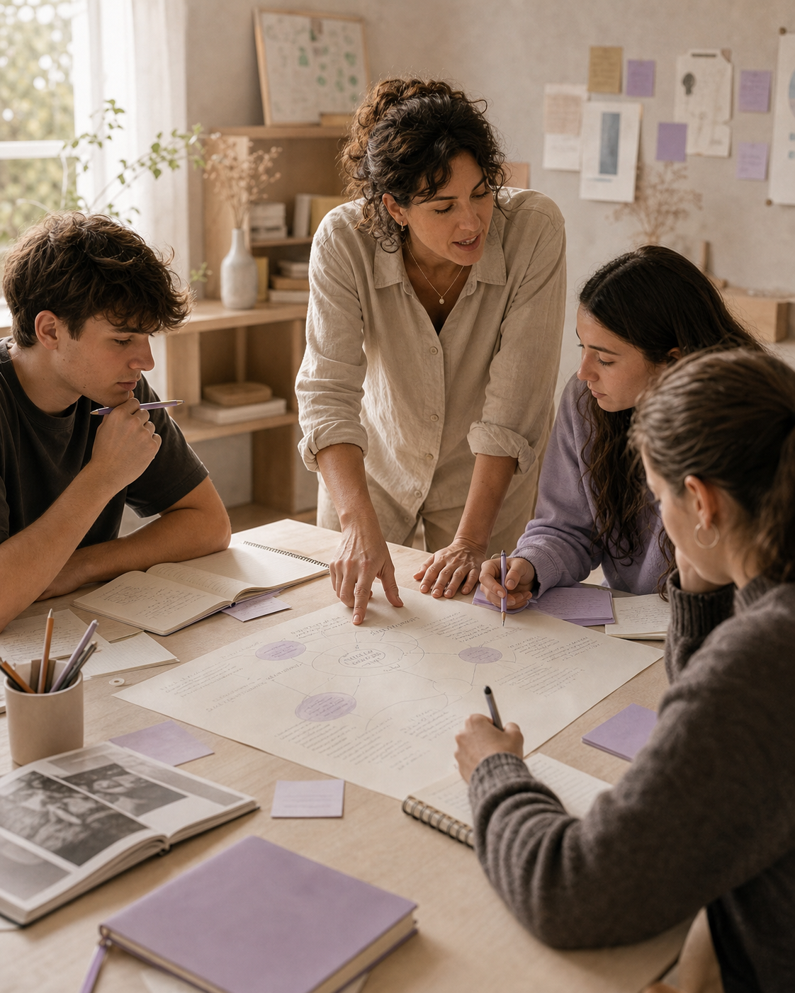 Docente y estudiantes construyendo ideas con cuadernos, papeles y materiales de aprendizaje